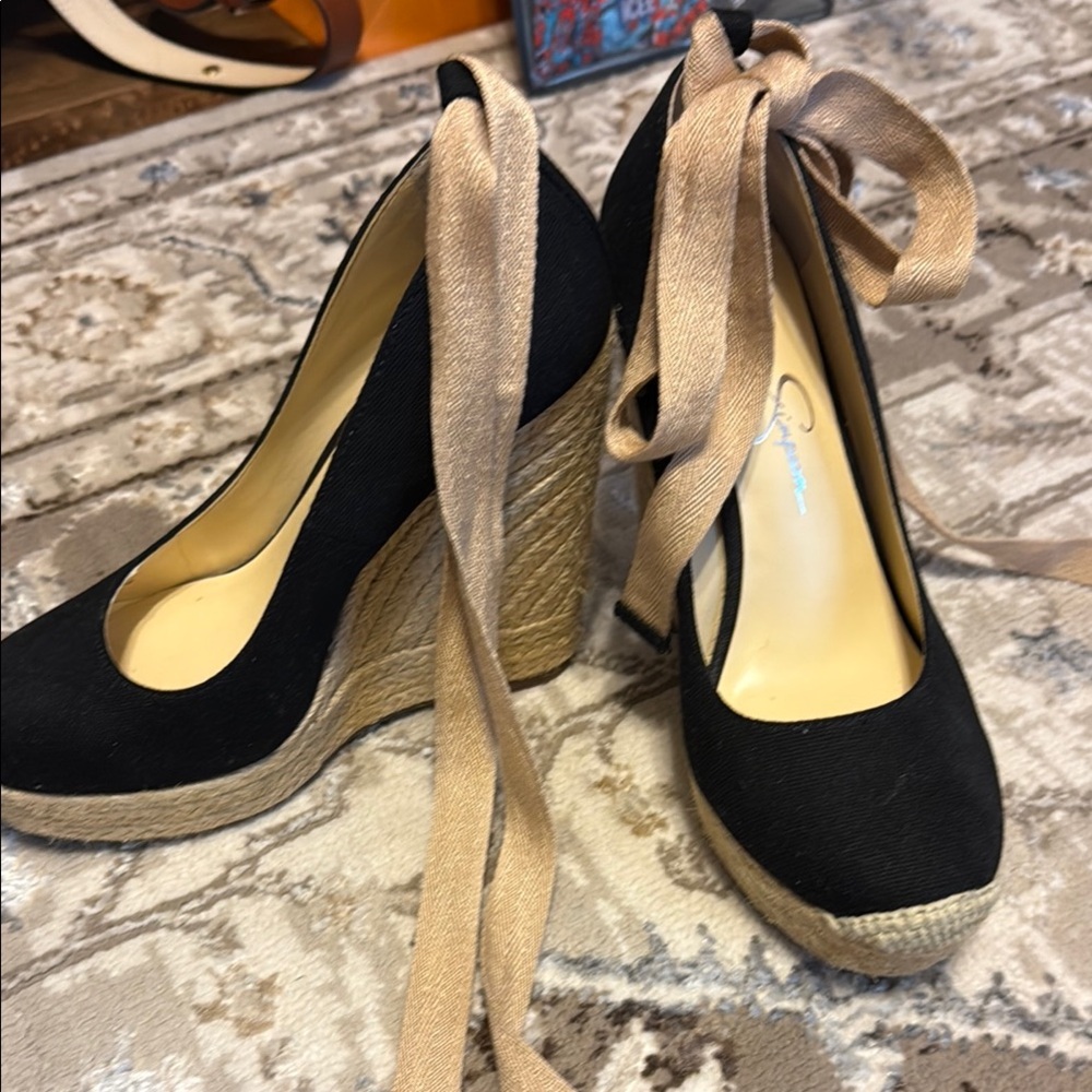 Jessica Simpson Black and Tan Wedge Espadrilles
